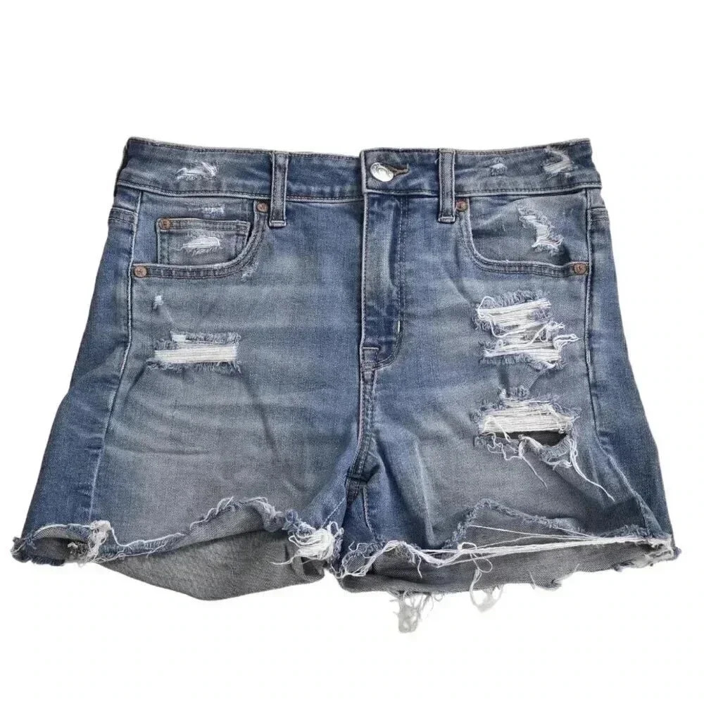 American Eagle Jean Shorts Hi-Rise Shortie Blue Denim Super Stretch Distressed 8